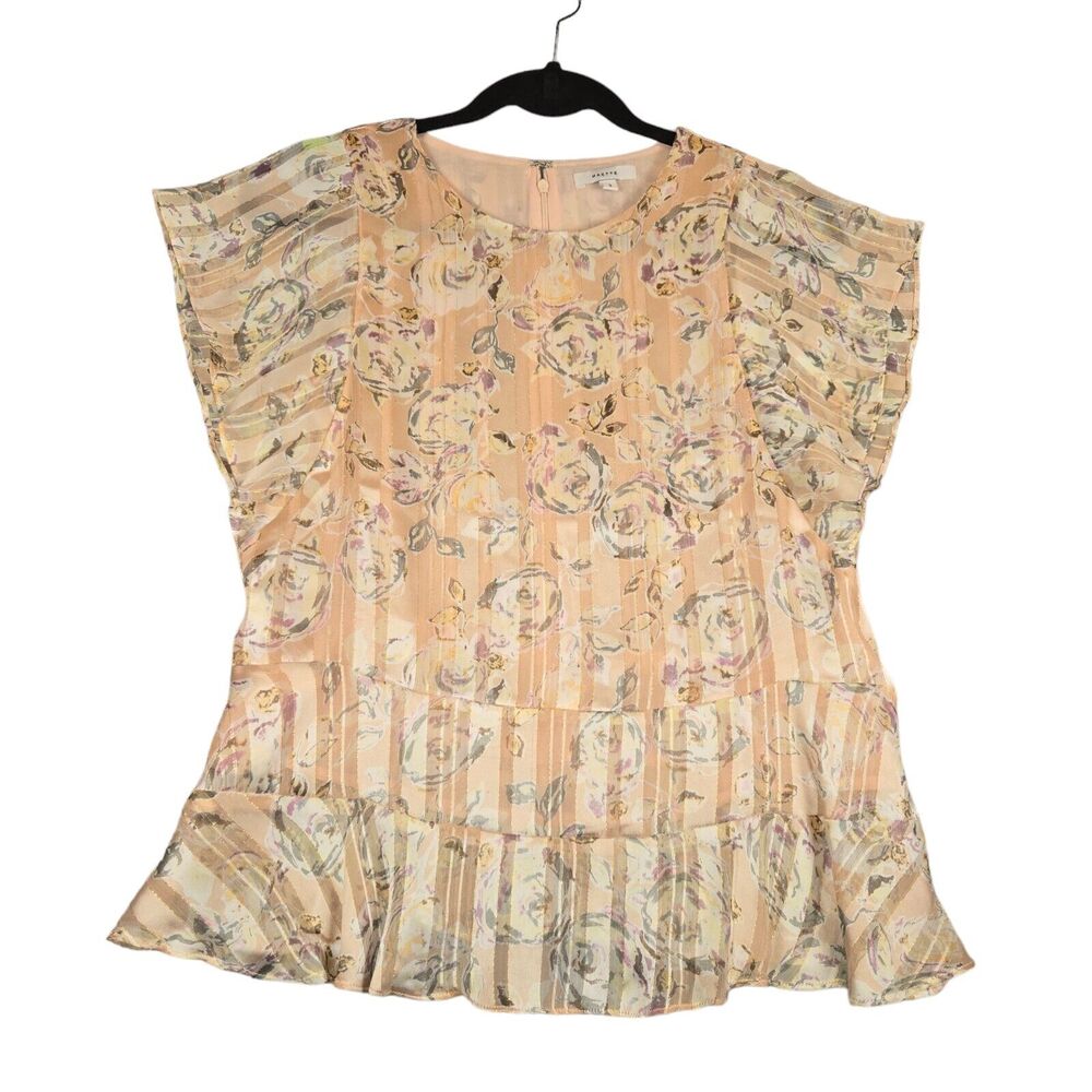 Maette Womens Small Top Peach‎ Blouse Floral Peplum Short Sleeve Lightweight